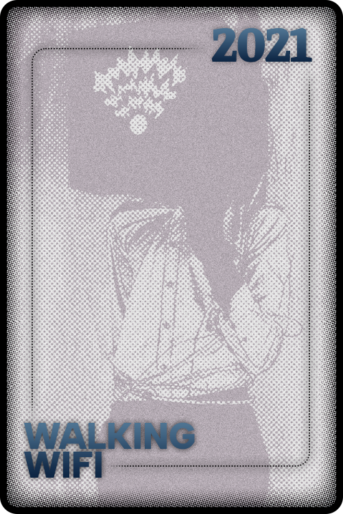 an image of a playing card with the text walking wifi, behind is a man posing with a rectangular box on his head with a scribbly wifi symbol.